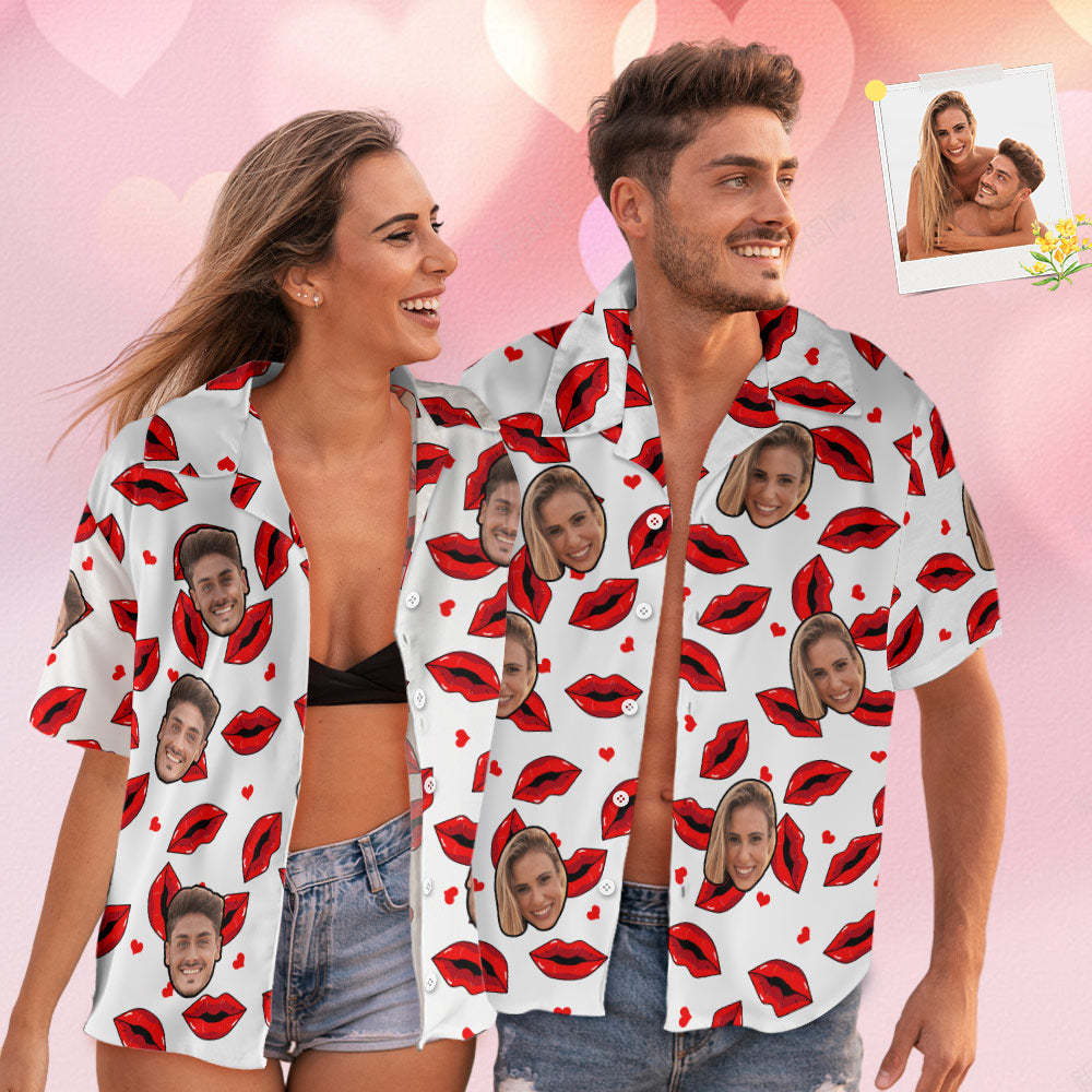 Custom Face Hawaiian Style Shirt Funny Red Lips Couple Outfit - MyFaceBoxer