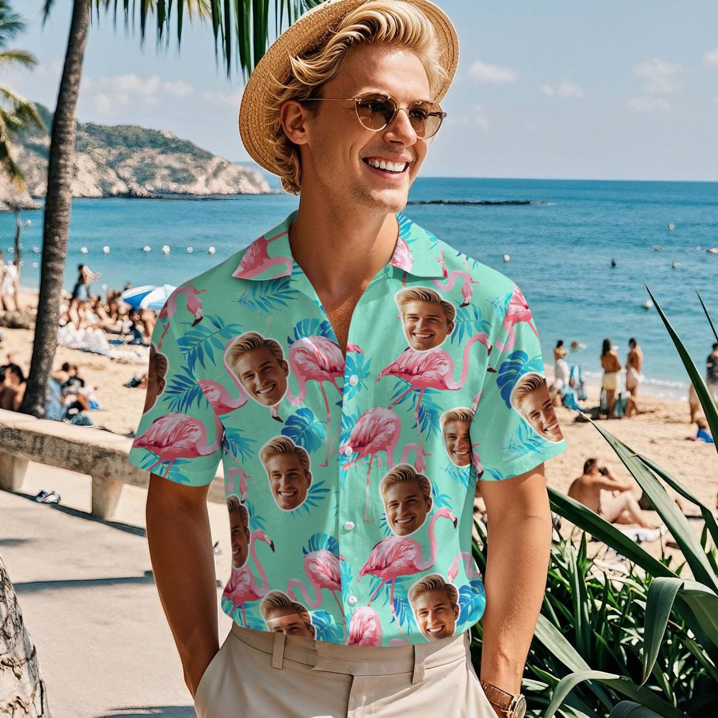 Custom Face Hawaiian Shirt Flamingo Tropical Shirt Personalized Outfit ALL Over Printed Green and Palm Leaves