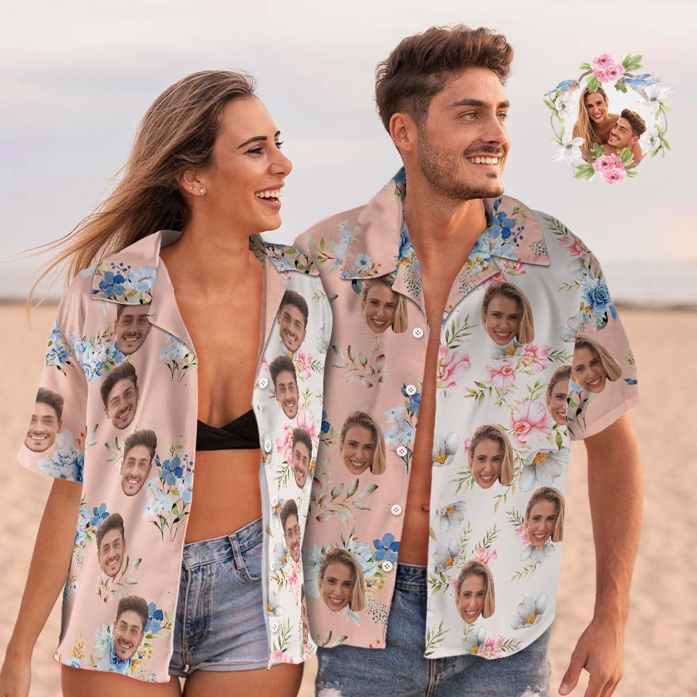 Custom Face Hawaiian Shirt Shirt Couple Outfit Patchwork Printing Shirt Valentine's Day Gifts - MyFaceBoxer