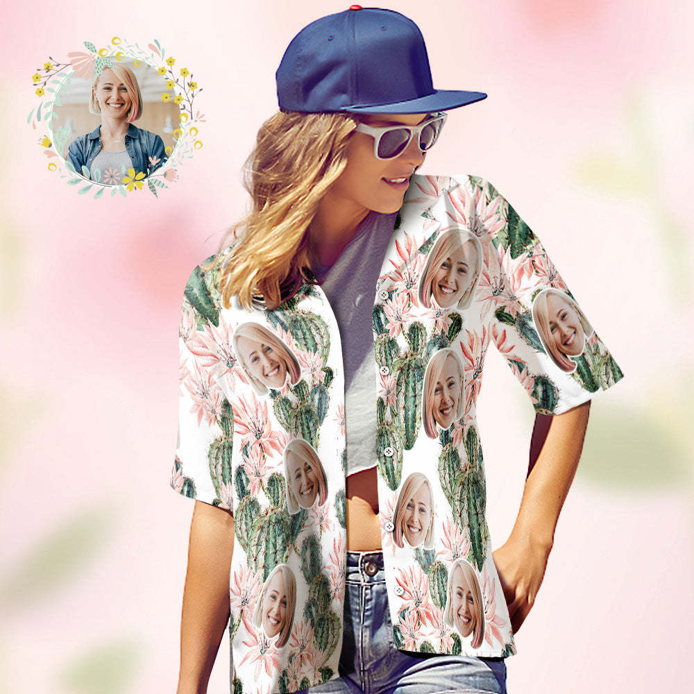 Custom Face Hawaiian Shirt Flamingo Tropical Shirt For Women ALL Over Printed Green and Palm Leaves - MyFaceBoxer