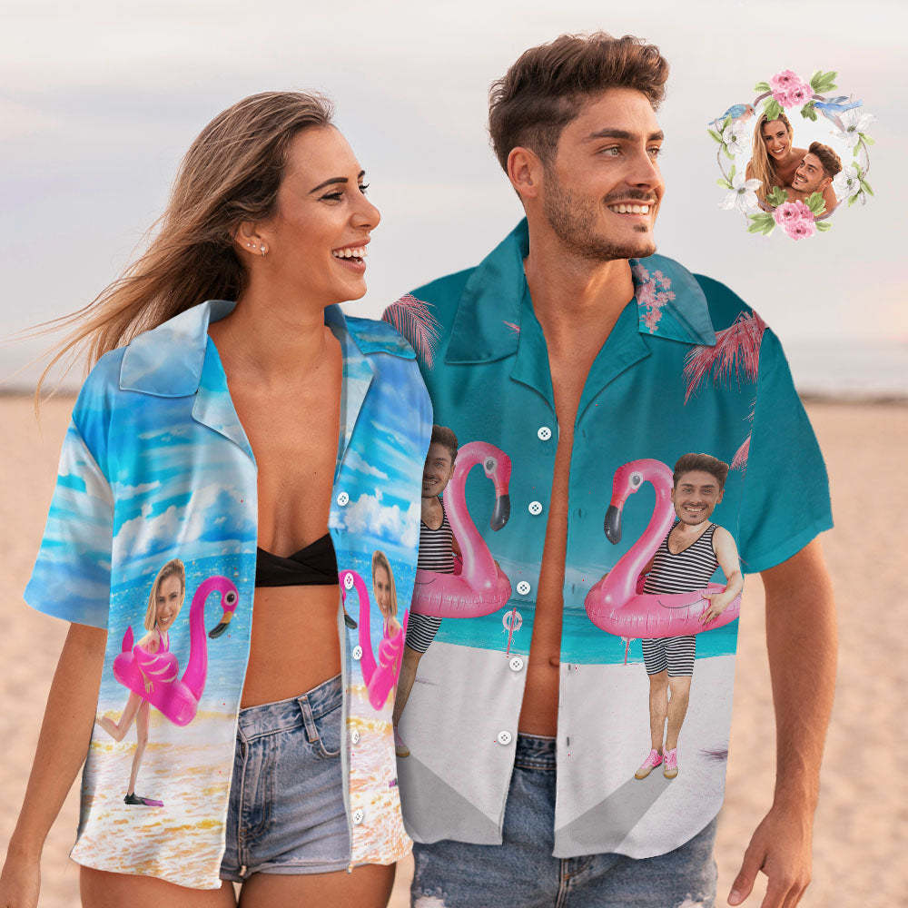 Custom Funny Face Flamingo Hawaiian Shirt Flamingo Swim Ring Hawaiian Shirt Couple Outfitalm Leaves - MyFaceBoxer