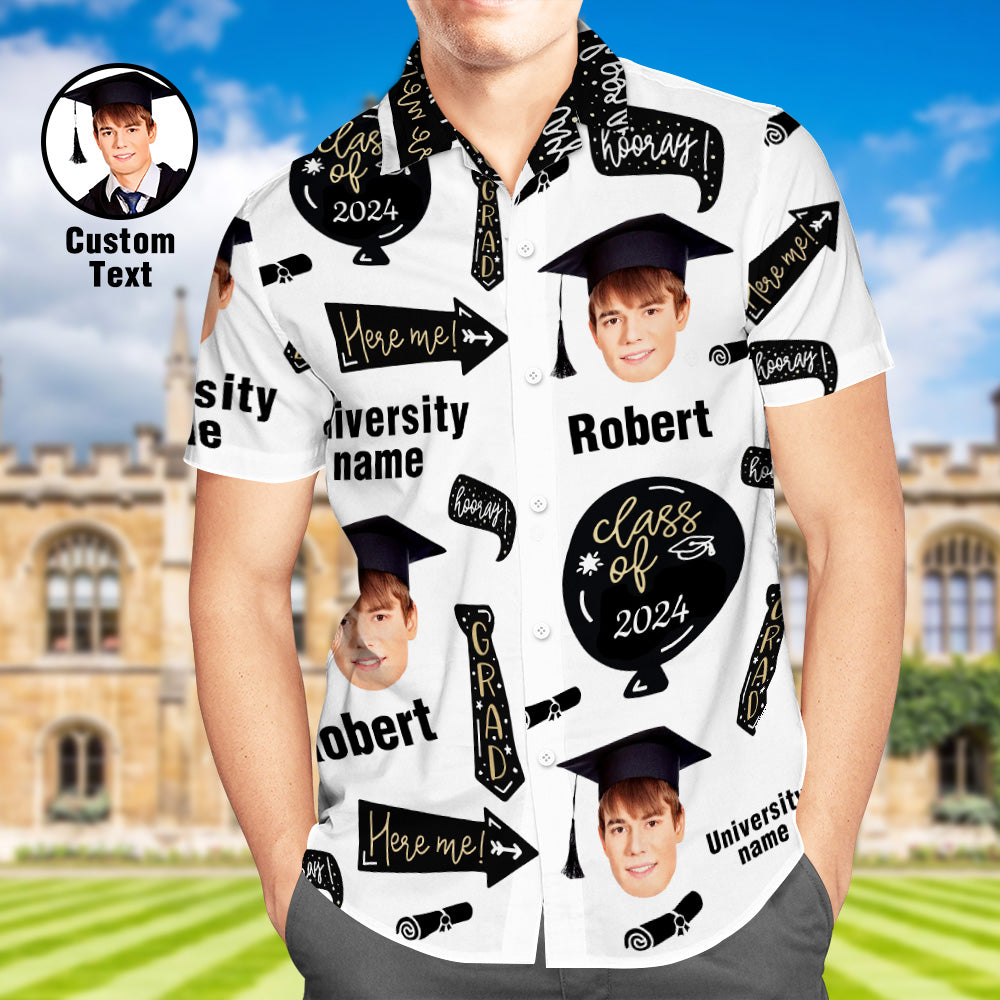 Custom Graduation Hawaiian Shirt with Face and University Name Personalized Graduation Party Men's Aloha Shirts - MyFaceBoxer