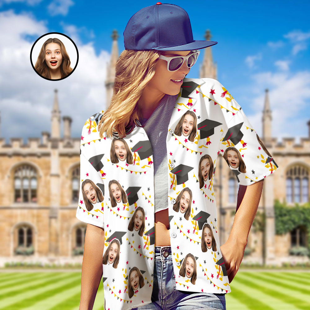 Custom Women's Hawaiian Shirt with Face and Name Personalized Graduation Party Aloha Shirts - MyFaceBoxer