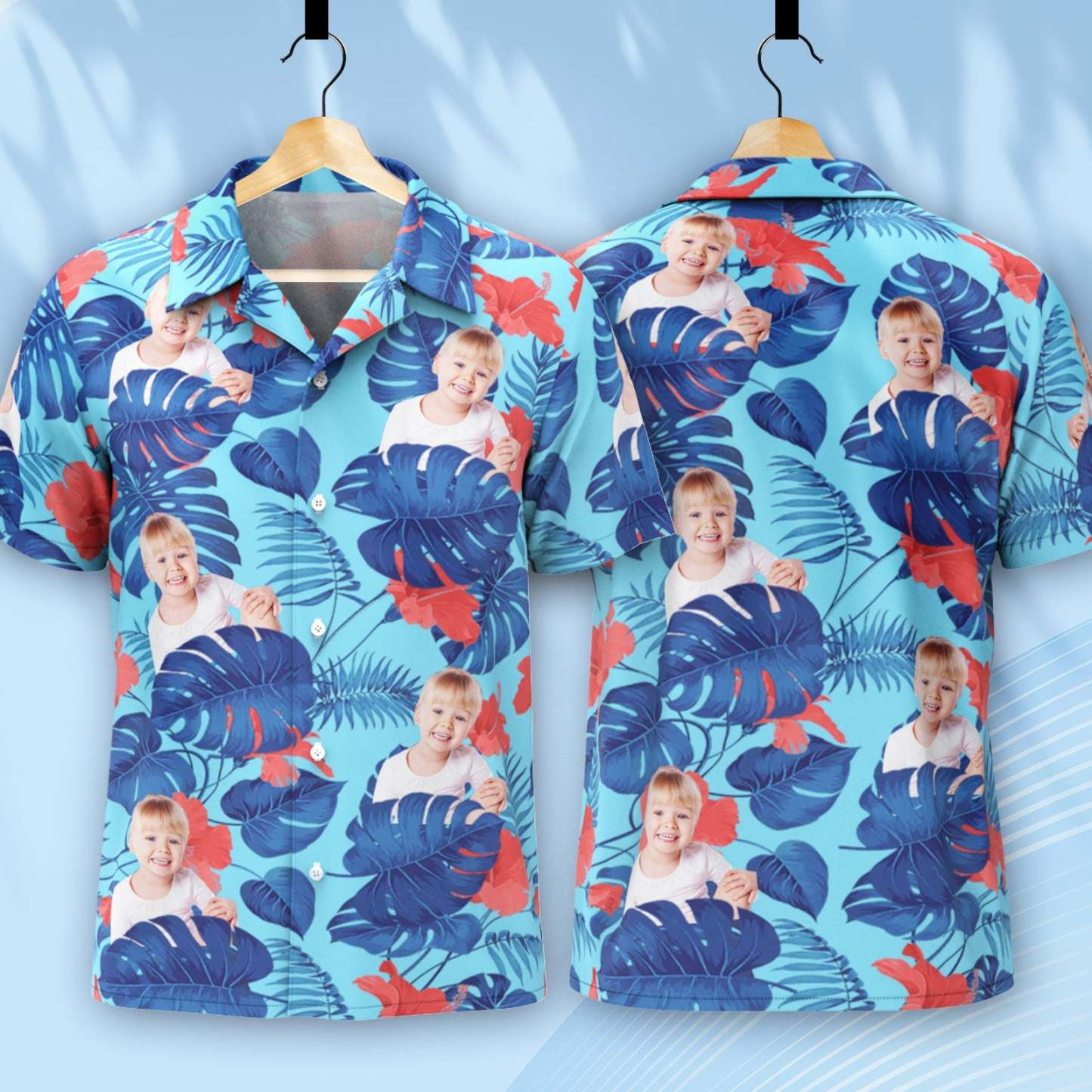 Custom Kids Face Hawaiian Shirt Personalized Tropical Blue Shirts Men's All Over Print Hawaiian Shirt for Dad - MyFaceBoxer