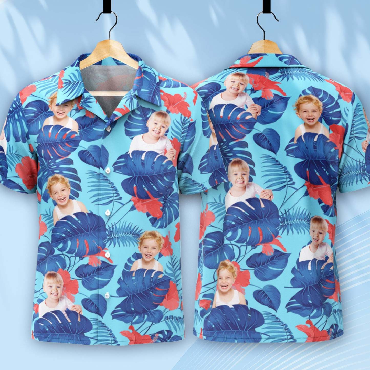 Custom Kids Face Hawaiian Shirt Personalized Tropical Blue Shirts Men's All Over Print Hawaiian Shirt for Dad - MyFaceBoxer