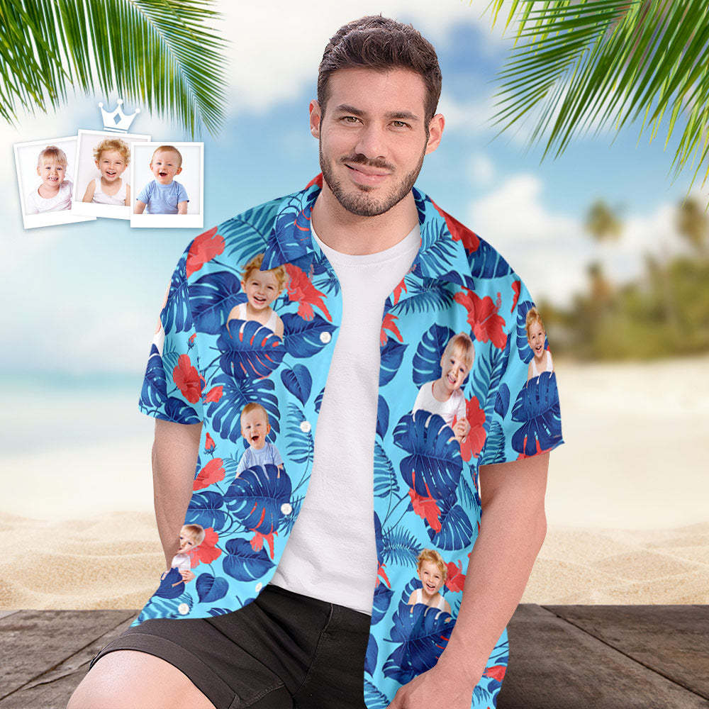 Custom Kids Face Hawaiian Shirt Personalized Tropical Blue Shirts Men's All Over Print Hawaiian Shirt for Dad - MyFaceBoxer