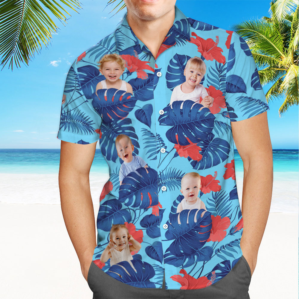 Custom Kids Face Hawaiian Shirt Personalized Tropical Blue Shirts Men's All Over Print Hawaiian Shirt for Dad - MyFaceBoxer