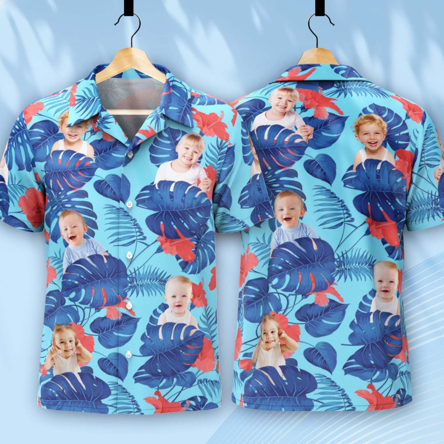 Custom Kids Face Hawaiian Shirt Personalized Tropical Blue Shirts Men's All Over Print Hawaiian Shirt for Dad - MyFaceBoxer