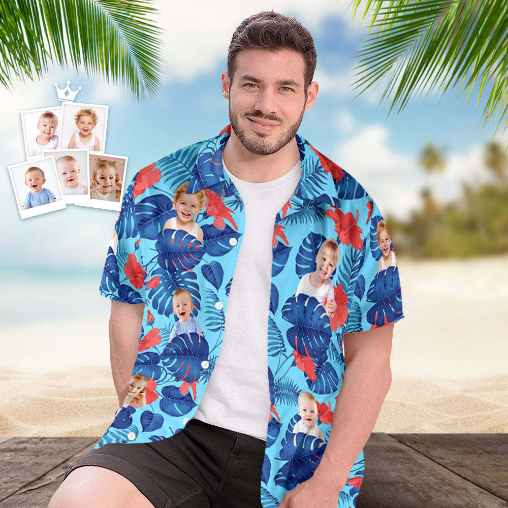 Custom Kids Face Hawaiian Shirt Personalized Tropical Blue Shirts Men's All Over Print Hawaiian Shirt for Dad - MyFaceBoxer