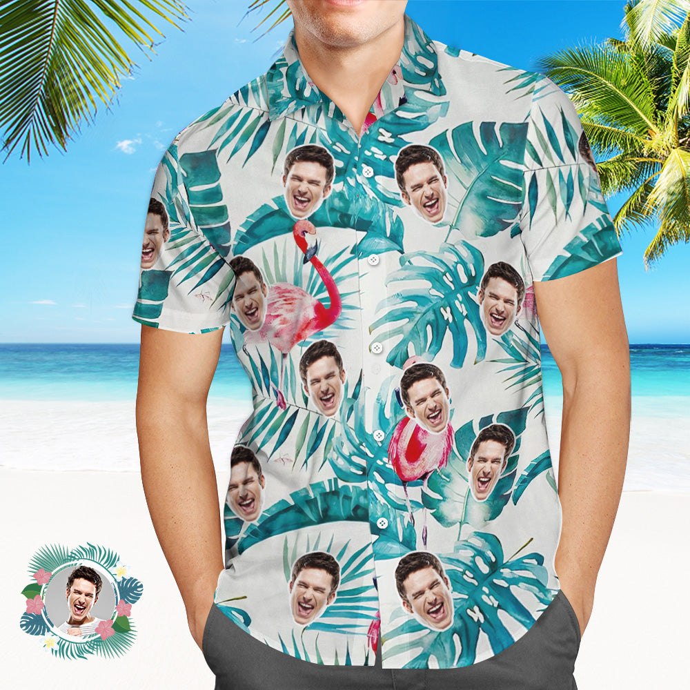 Custom Face Hawaiian Shirt Summer Flamingo Green Leaves Face Hawaiian Shirt - MyFaceBoxer