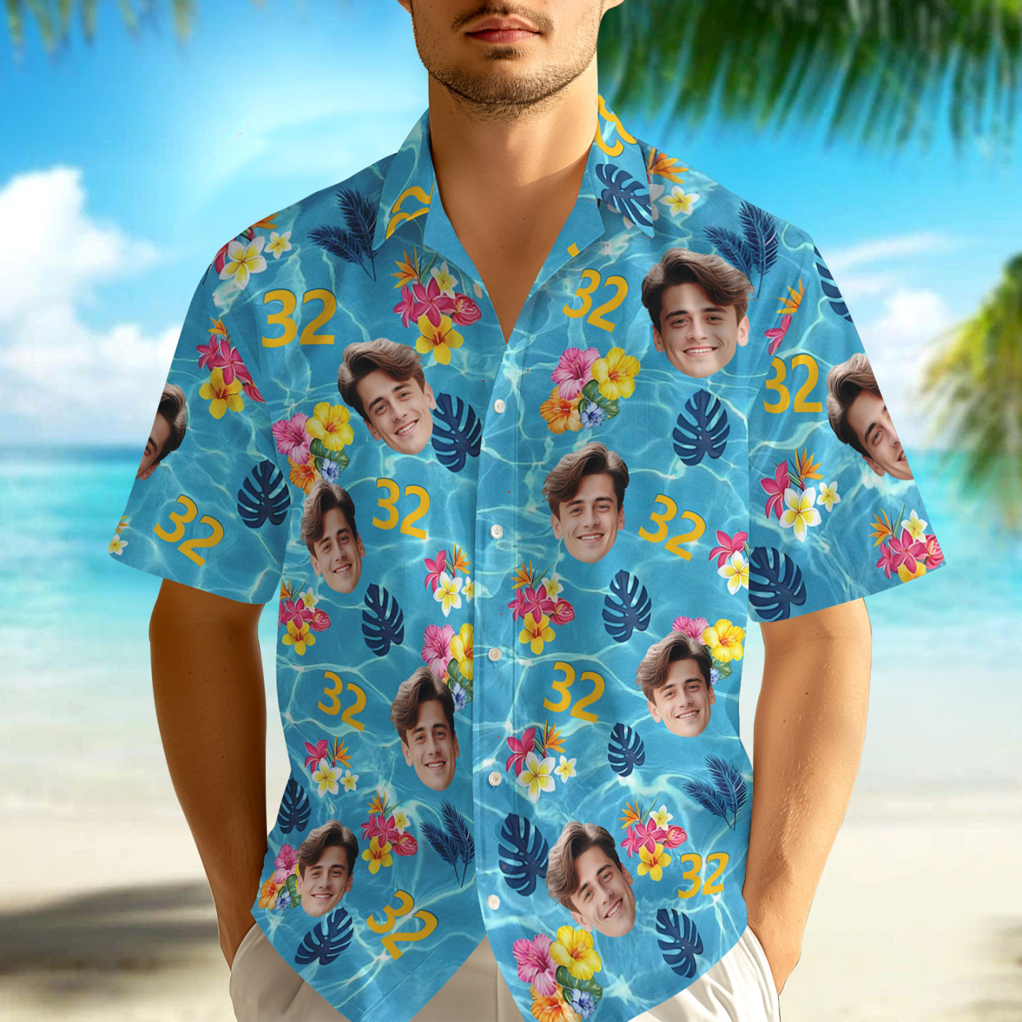 Custom Face Hawaiian Shirt Personalized Birthday Cake Name and Age Face Men Hawaiian Shirt Birthday Party Gift