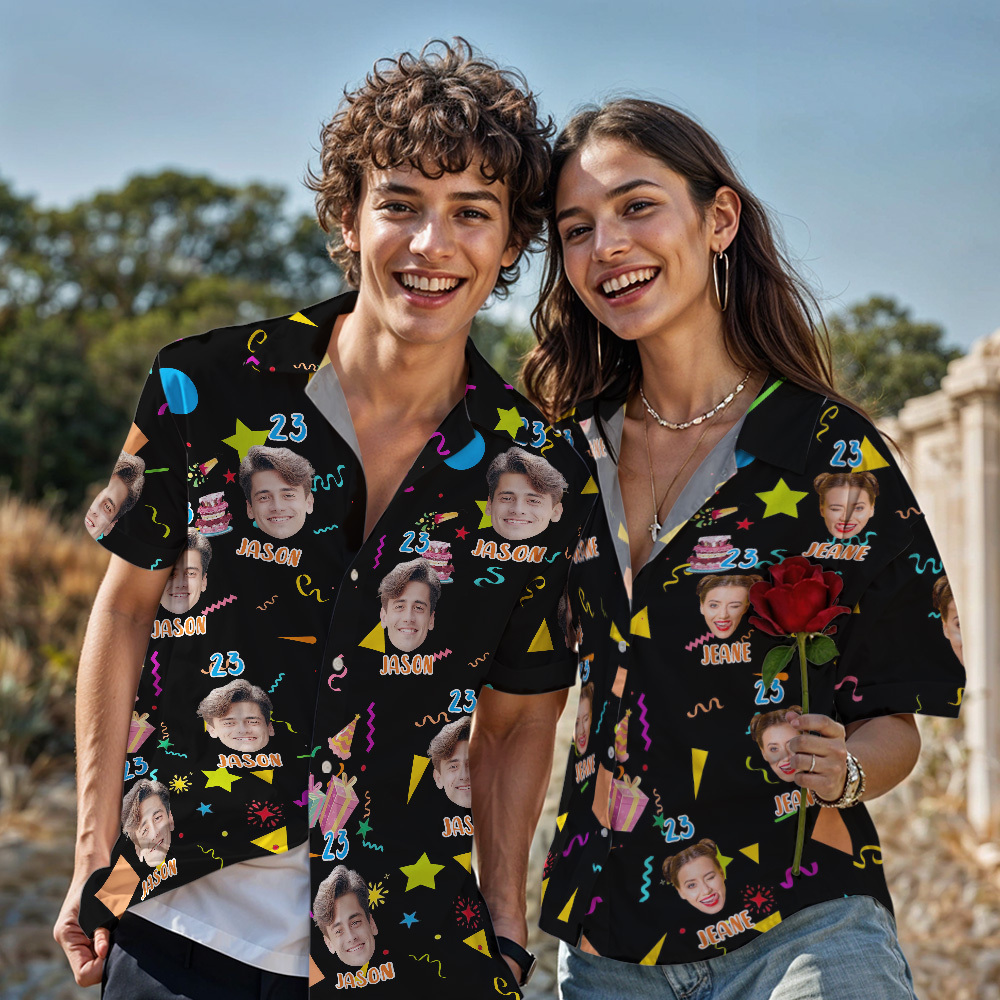 Custom Face Hawaiian Shirt Personalized Birthday Cake Name and Age Face Men Hawaiian Shirt Birthday Party Gift