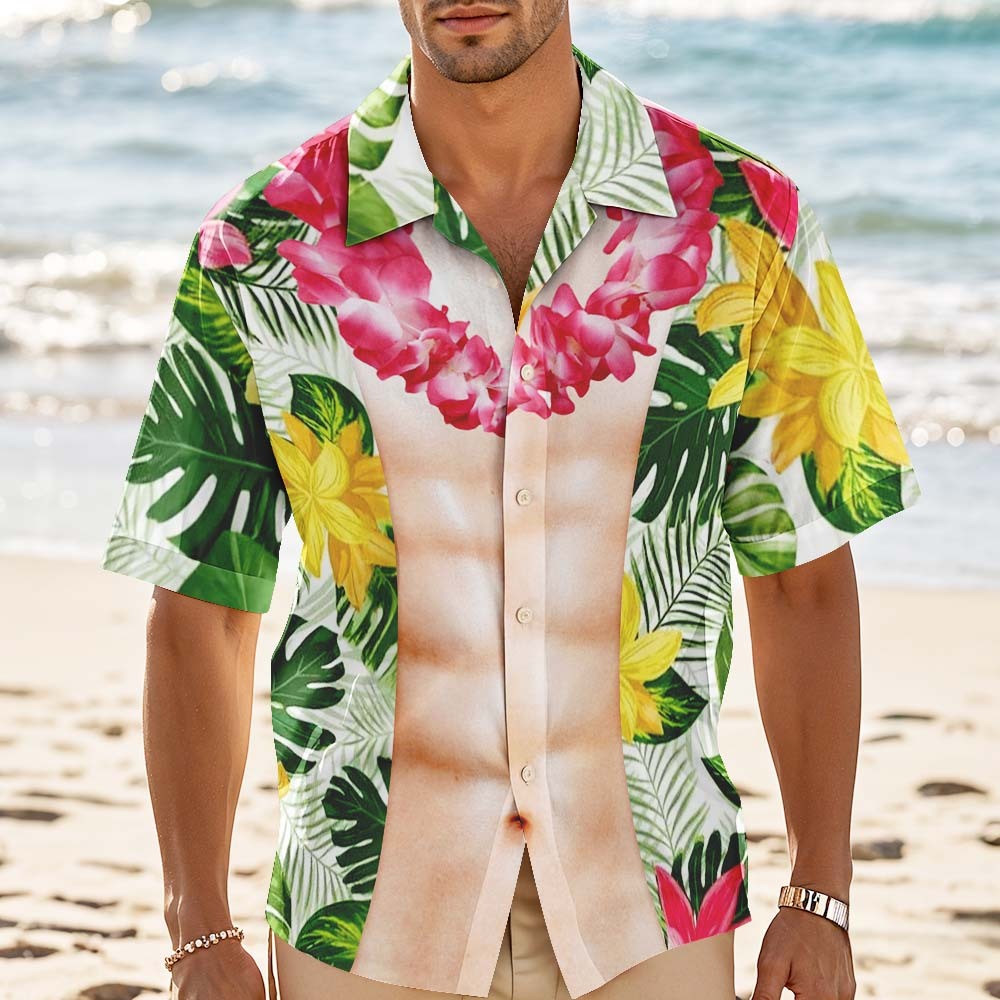Funny Abs Aloha Tropical Flowers Hawaiian Shirt, Summer Men Beach Shirt, Six-pack Abs Hawaiian Shirt, Gift For Men, Dad, Funny Beach Shirt
