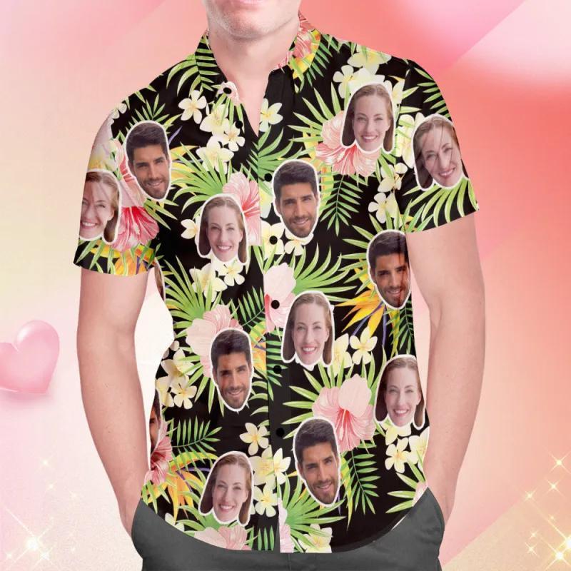 Custom Face Hawaiian Shirt All Over Print Men's Shirt Red Hibiscus - MyFaceBoxer