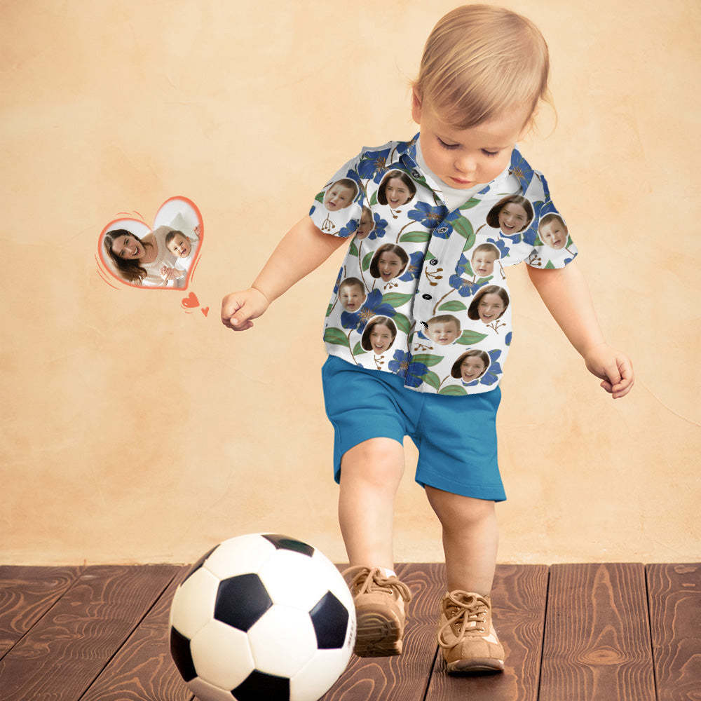 Custom Face Shirt Women's and Kids Hawaiian Shirts Short Sleeve Shirt Mother's Day Gift Blue Flowers - MyFaceBoxer