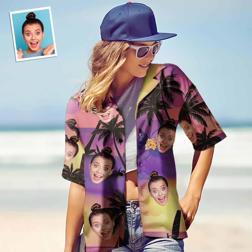 Custom Face Hawaiian Shirt for Women Personalized Women's Photo Hawaiian Shirt Gift for Her - Purple Sunset - MyFaceBoxer