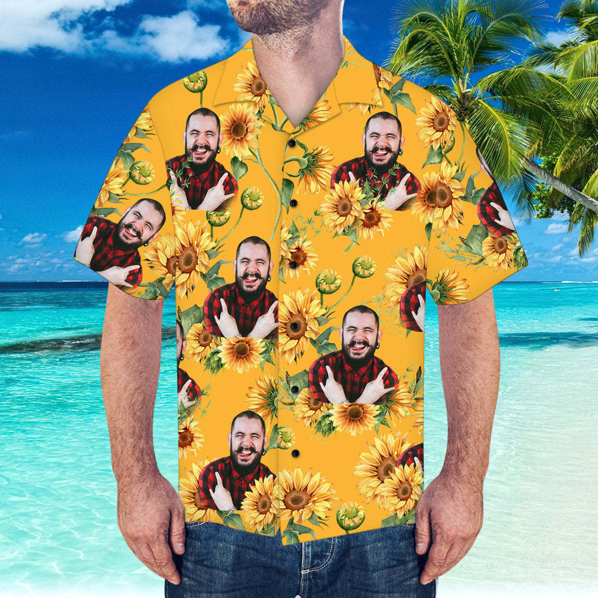 Custom Face Hawaiian Shirt Sunflower Pattern Hawaiian Shirt for Beach Party - MyFaceBoxer
