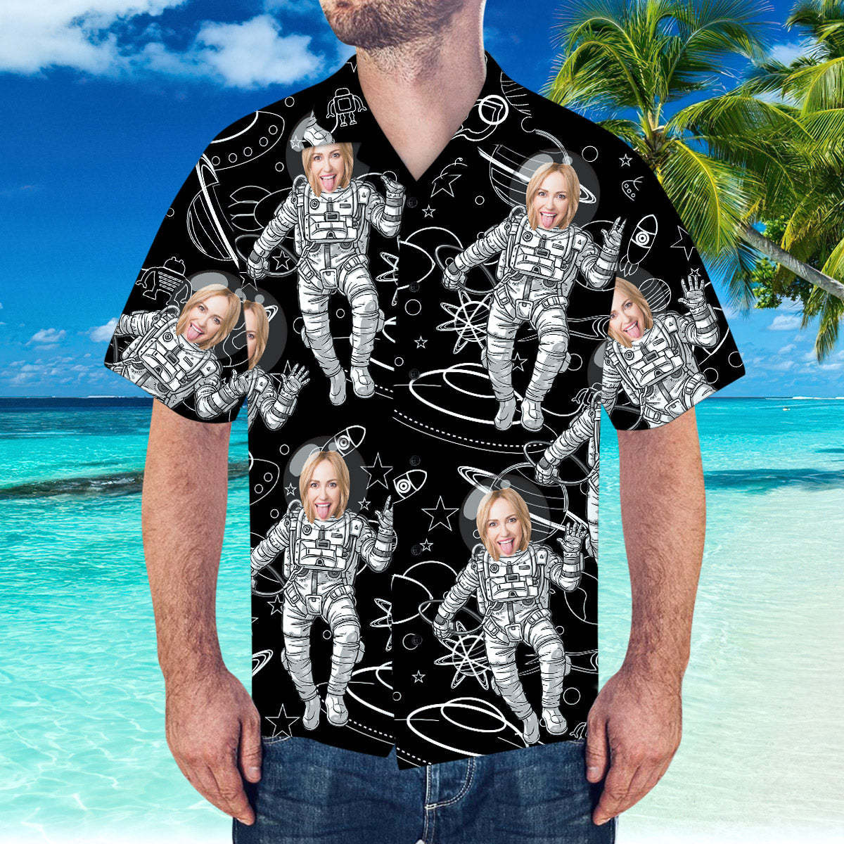 Custom Face Hawaiian Shirt Personalized Hawaiian Shirt Space Pattern Short-Sleeve Shirt - MyFaceBoxer