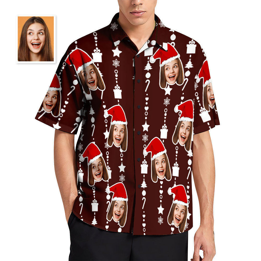 Custom Face Hawaiian Shirts for Men Personalized Photo Fun Christmas Shirts Gift for Men Casual Button-Down Shirt