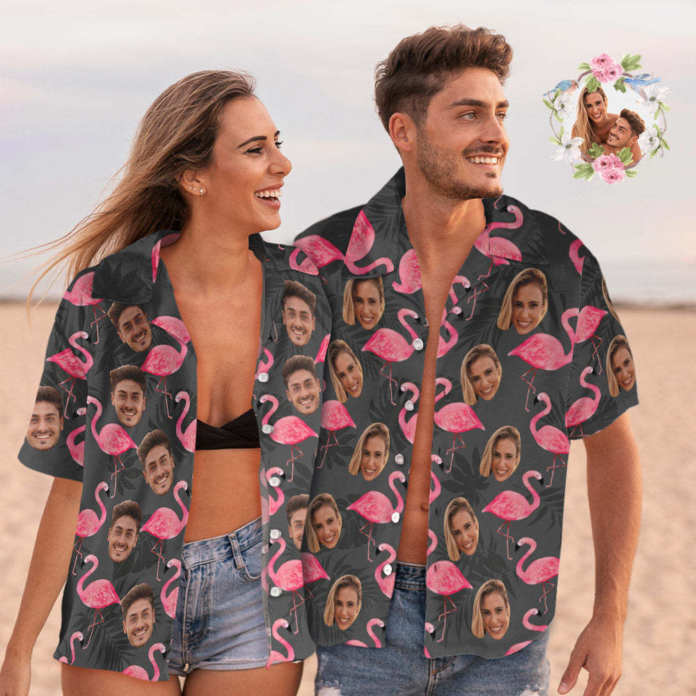 Custom Face Couple Matching Hawaiian Shirts Flamingo & Monstera Leaves Valentine's Day Gift - MyFaceBoxer