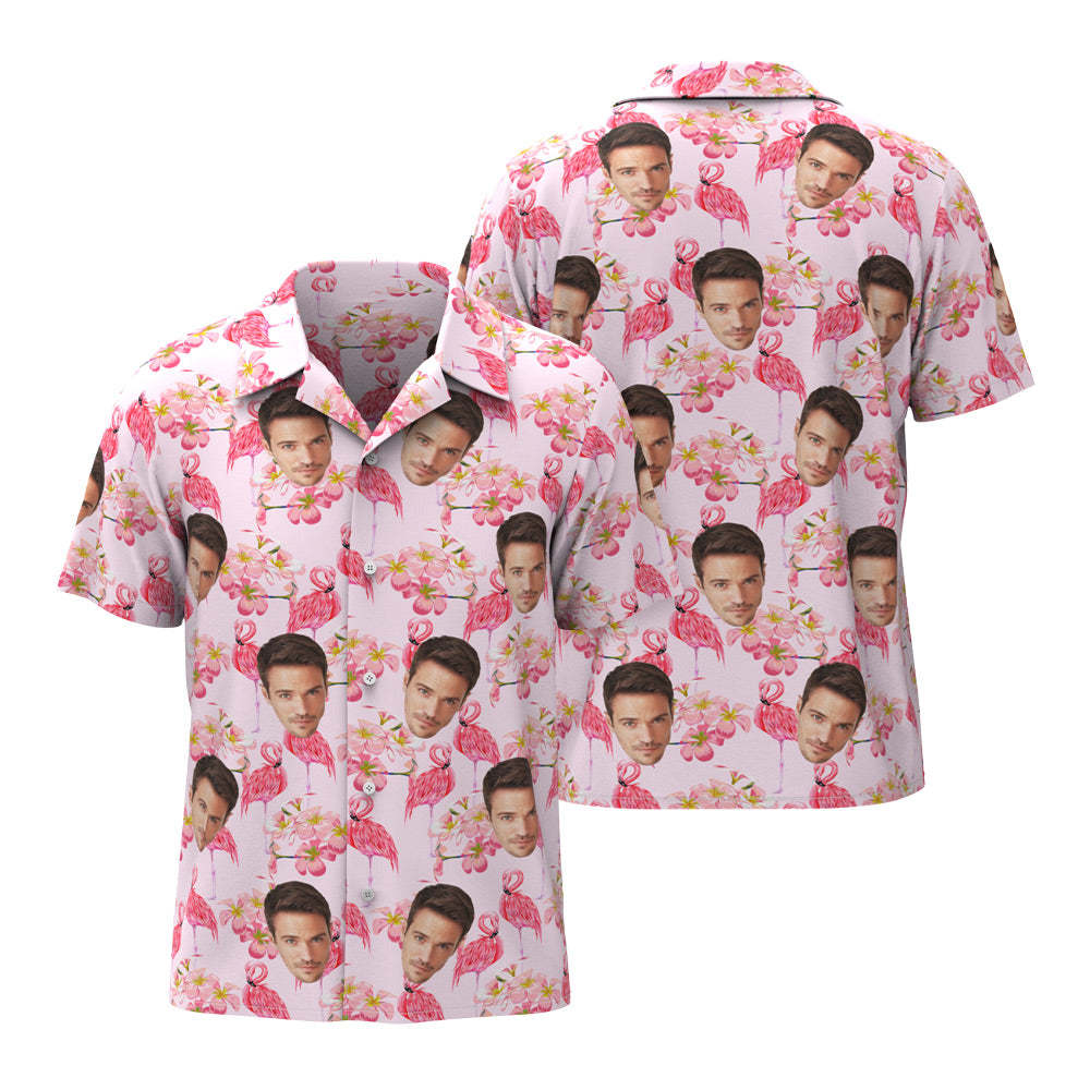 Custom Face Couple Matching Hawaiian Shirts Pink Flamingo Valentine's Day Gift - MyFaceBoxer