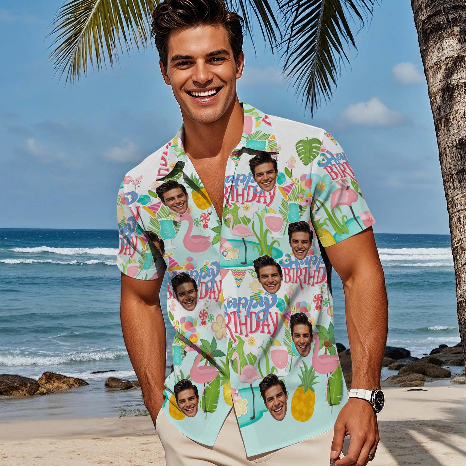 Custom Men's Hawaiian Shirt Flamingo Party Personalized Happy Birthday Shirt a Fun Gift for Your Friend