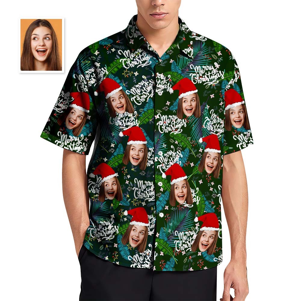 Custom Face Hawaiian Shirts Personalized Photo Gift Men's Christmas Shirts Flower and Leaves - MyFaceBoxer