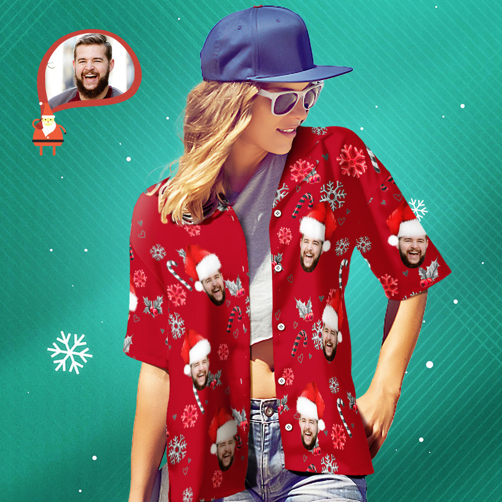 Custom Face Hawaiian Shirt Personalized Women's Photo Christmas Shirts With Candy Canes For Women - MyFaceBoxer