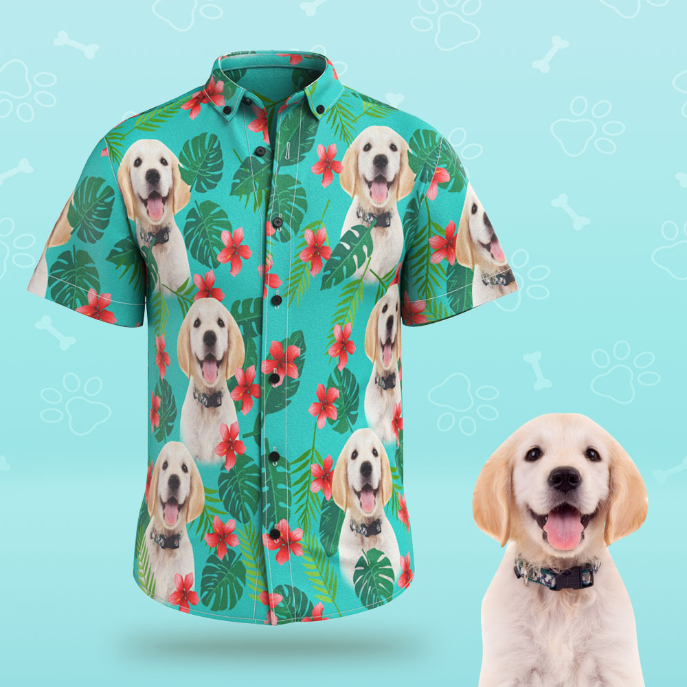 Custom Face Men Hawaiian Shirts Personalized Dog Face on a Hawaiian Shirt for Pet Lover - Green - MyFaceBoxer