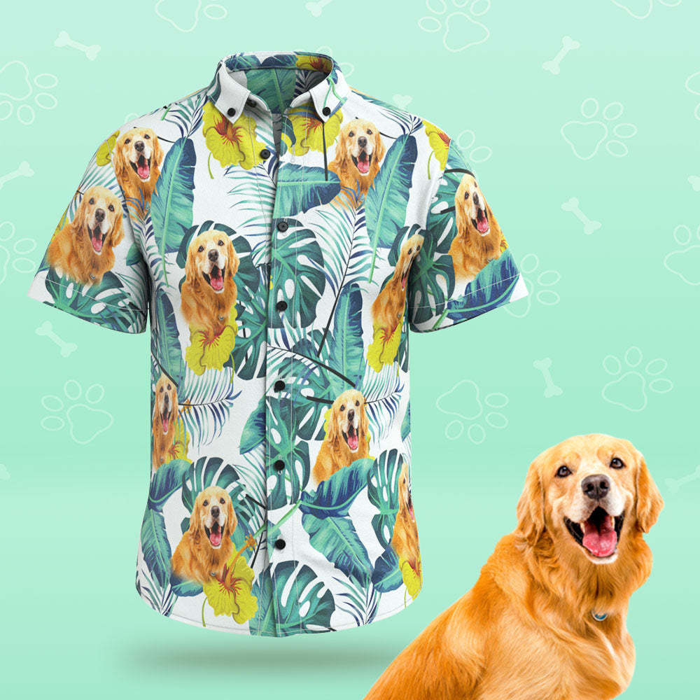 Custom Face Men Hawaiian Shirts Personalized Cute Dog Face for Pet Lover - Green Leaves - MyFaceBoxer