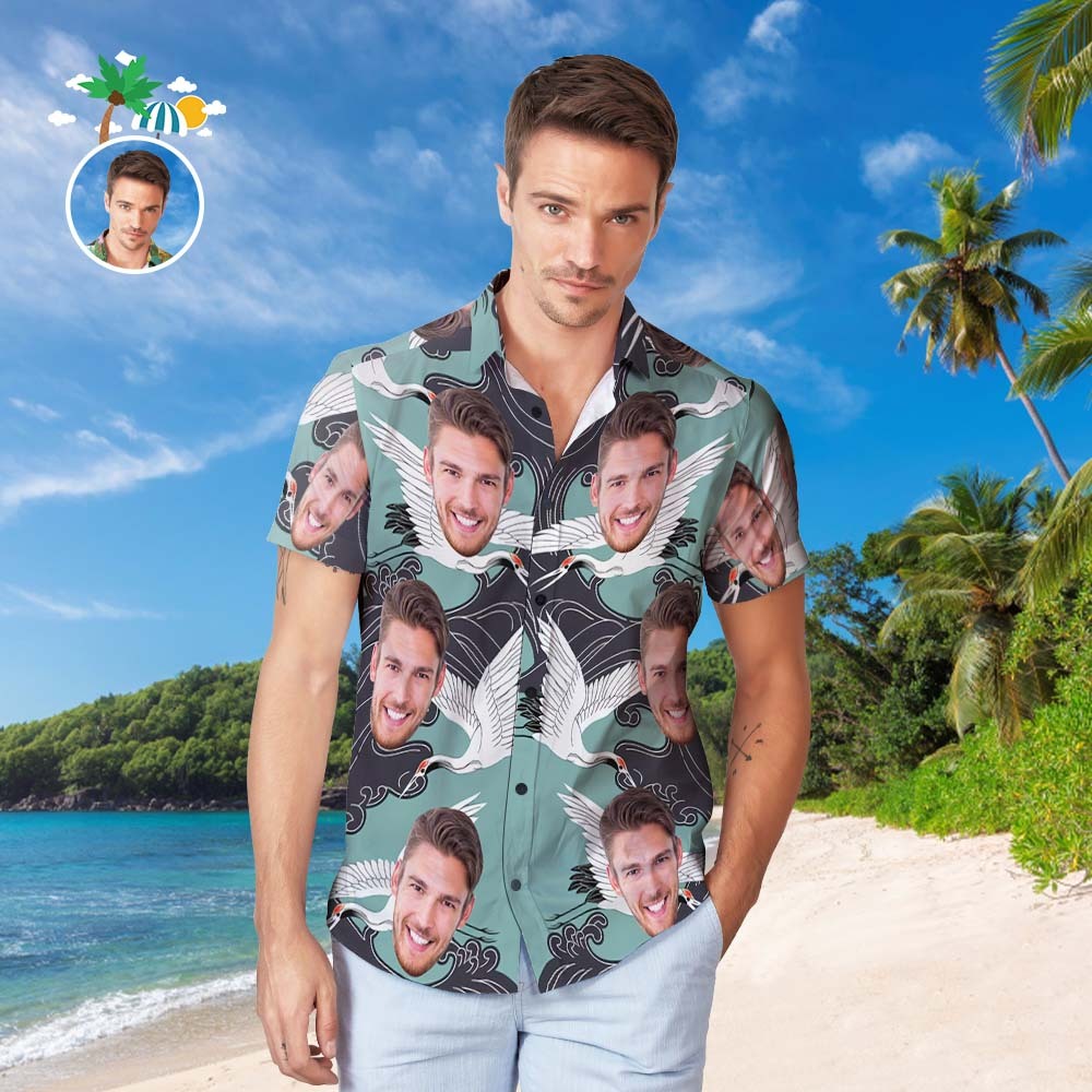 Custom Face Hawaiian Shirt Men's Popular All Over Print Hawaiian Beach Shirt Gift - Oriental Aesthetics Crane - MyFaceBoxer