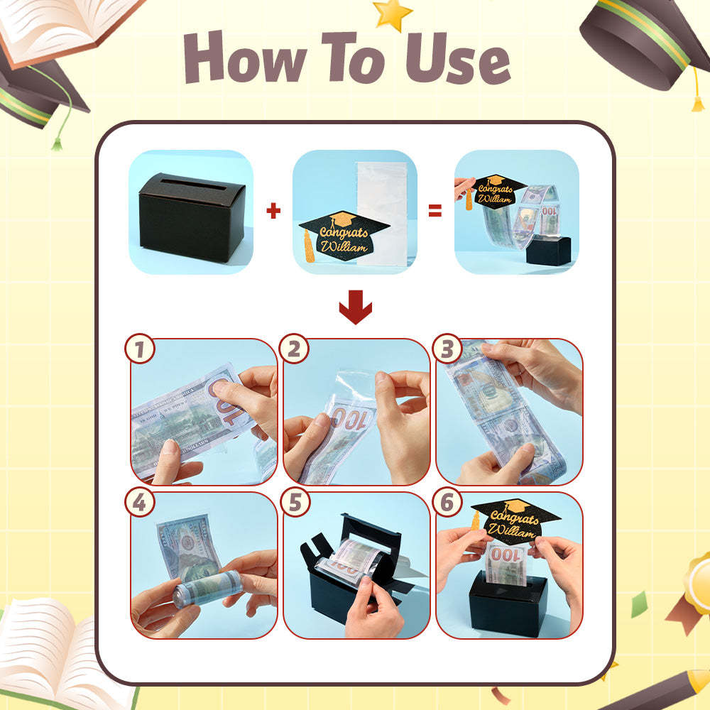 Personalized Graduation Cap Pull Out Money Gift Box Money Holder with 30pcs Transparent Bags Gift for Graduates -