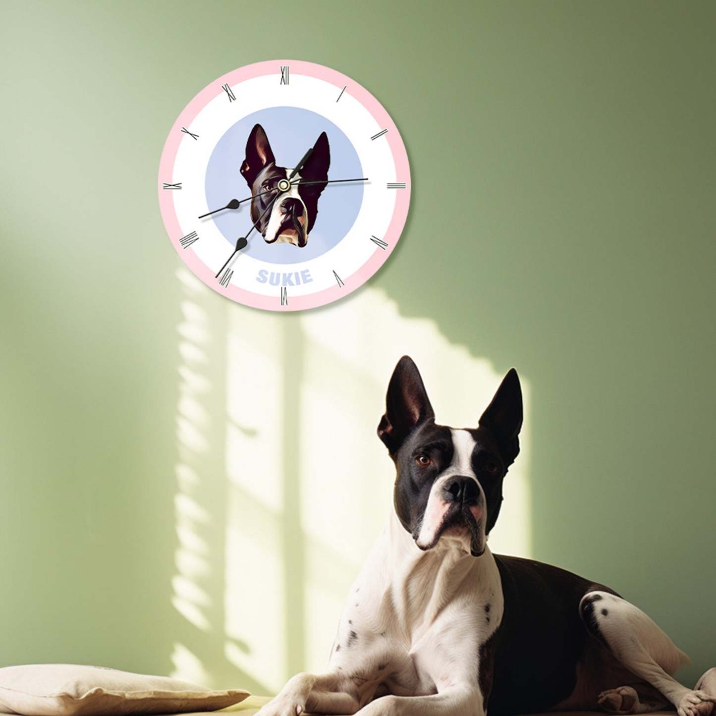 Custom Pet Face Clock Personalized Round Cute Wall Clock Home Decor For Pet Lover - Red & Green - MyFaceBoxer