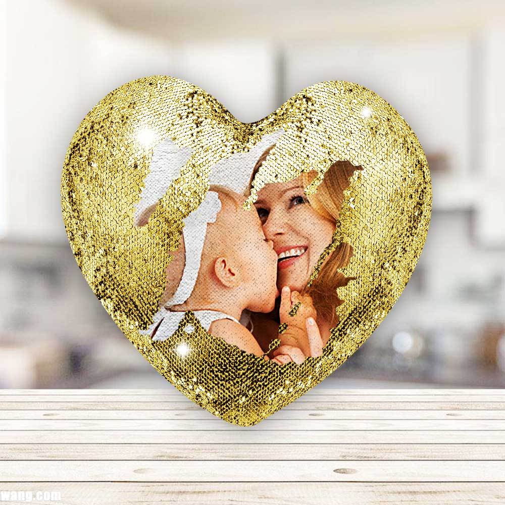 Mother's Day Gift - Custom Love Heart Photo Magic Sequin Pillow Multicolor Shiny - For Mom - MyFaceBoxer