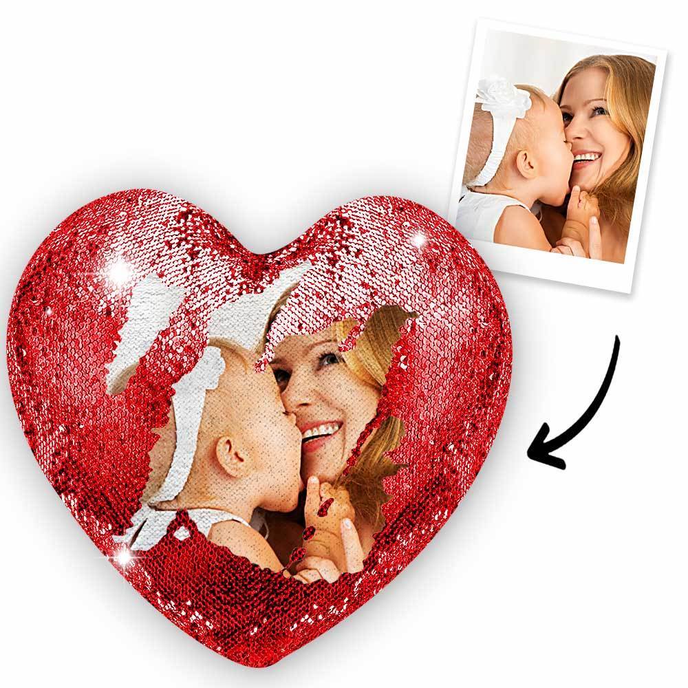 Mother's Day Gift - Custom Love Heart Photo Magic Sequin Pillow Multicolor Shiny - For Mom - MyFaceBoxer