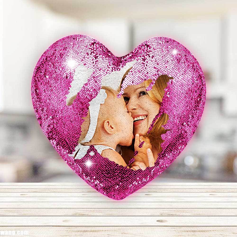 Mother's Day Gift - Custom Love Heart Photo Magic Sequin Pillow Multicolor Shiny - For Mom - MyFaceBoxer