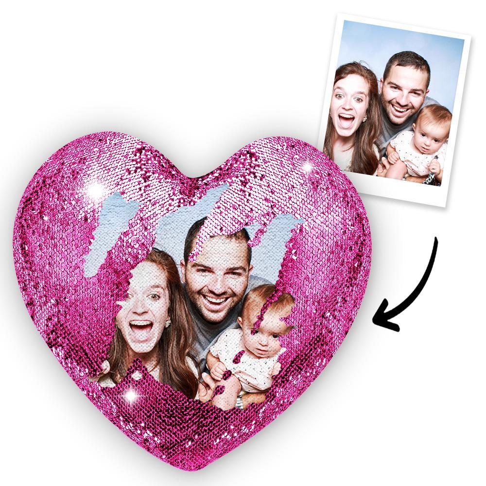 Custom Photo Magic Heart Sequins Pillow for Mom Multicolor Shiny - MyFaceBoxer
