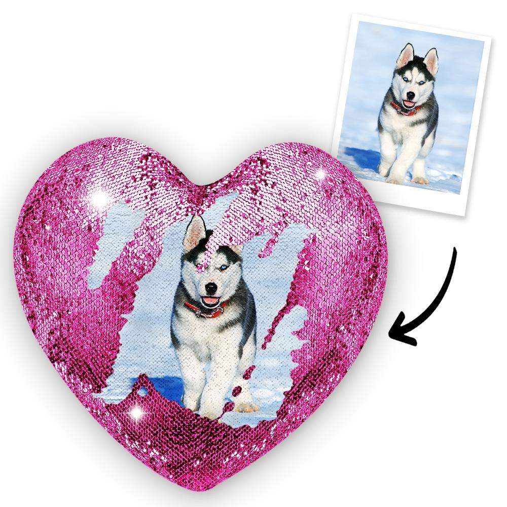 Custom Photo Pet Magic Heart Sequins Pillow Multicolor Shiny	 - MyFaceBoxer