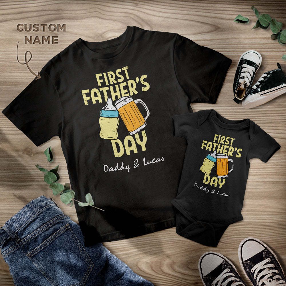 Custom Name Shirt First Father's Day Baby Bottle Matching Father's Day Gifts