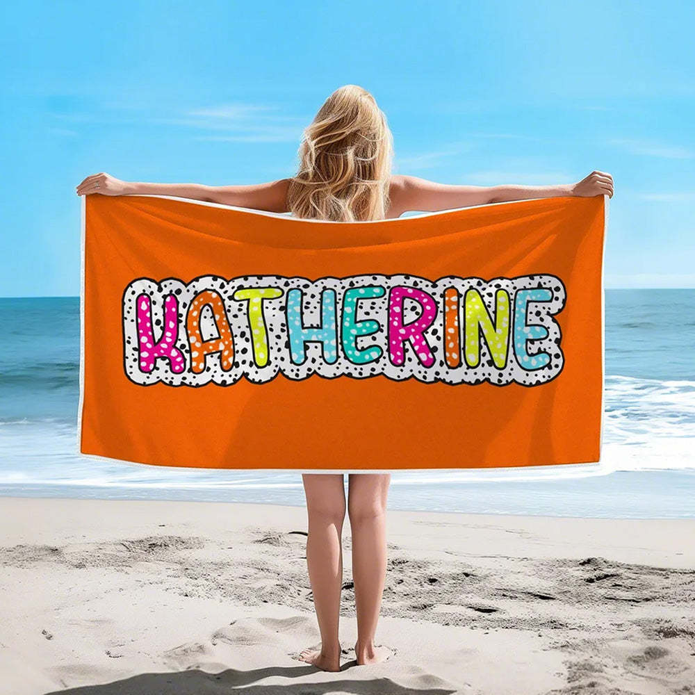 Personalized Dalmatian Dots Beach Towel with Rainbow Name Summer Vacation Bridesmaid Party Gift for Her - MyFaceBoxer