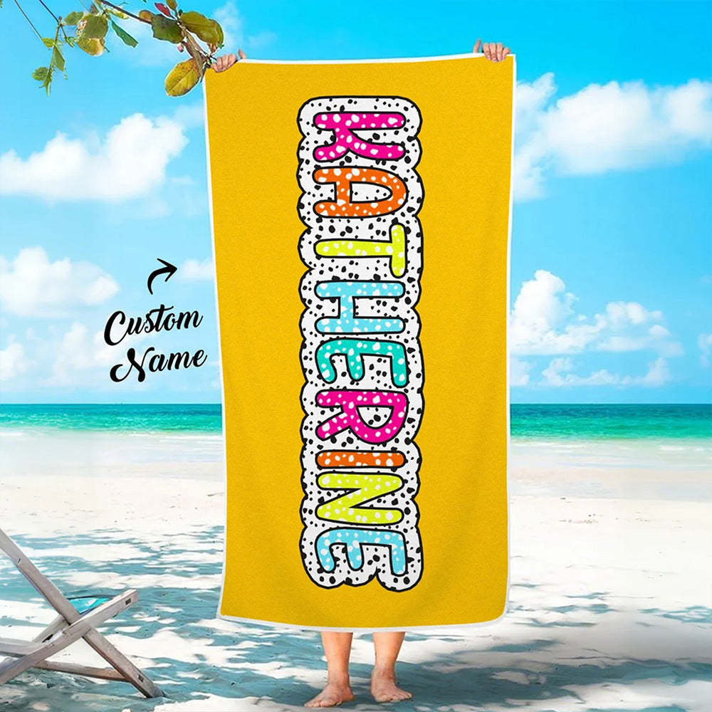 Personalized Dalmatian Dots Beach Towel with Rainbow Name Summer Vacation Bridesmaid Party Gift for Her - MyFaceBoxer