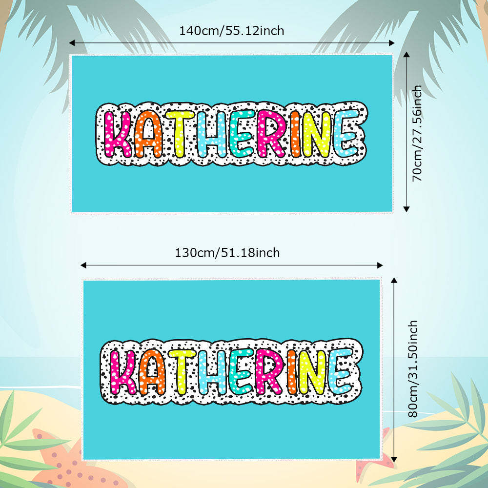 Personalized Dalmatian Dots Beach Towel with Rainbow Name Summer Vacation Bridesmaid Party Gift for Her - MyFaceBoxer