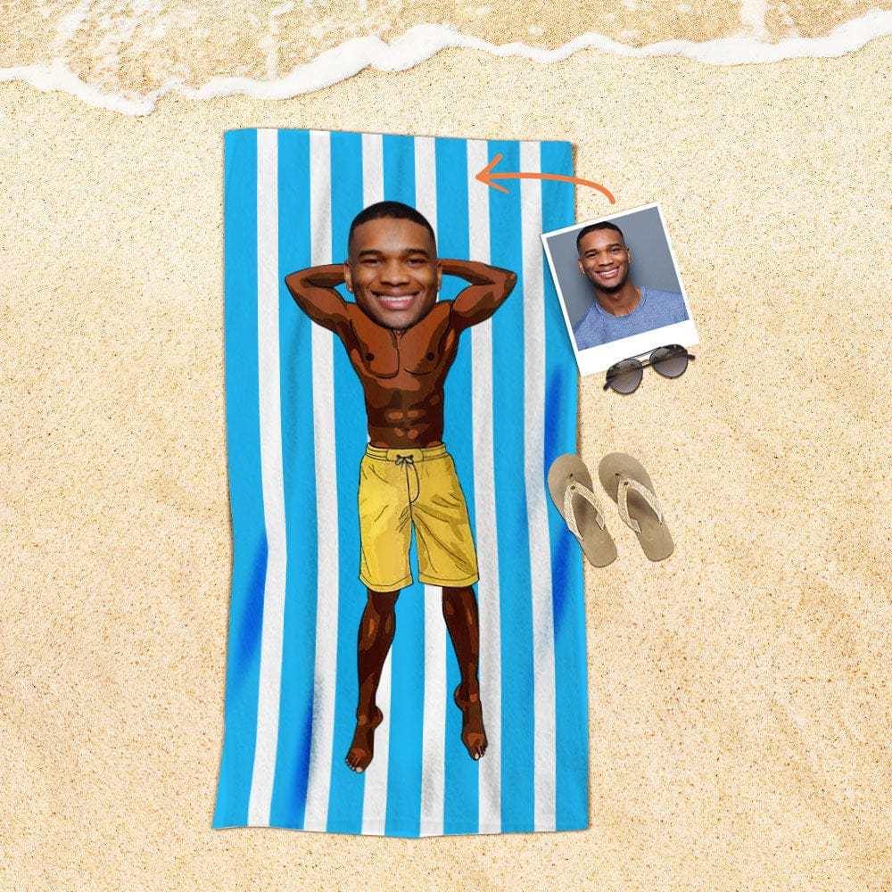 Custom Face Beach Towel Personalized Muscle Guy in Yellow Shorts Beach Towel Funny Gift for Summer - MyFaceBoxer