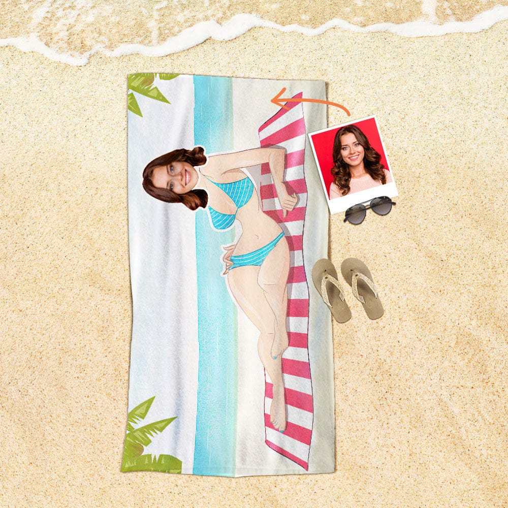 Custom Face Beach Towel Personalized Blue Striped Swimsuit Beach Towel Funny Gift for Summer - MyFaceBoxer