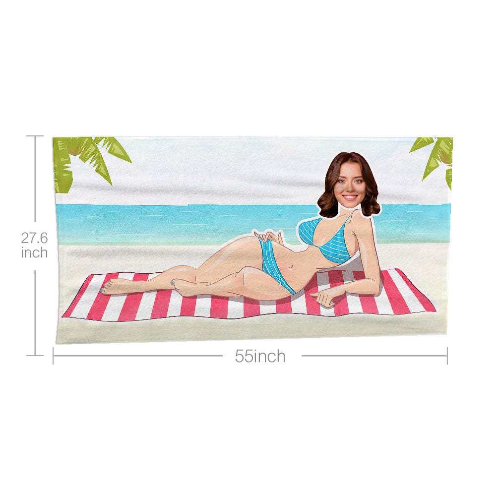 Custom Face Beach Towel Personalized Blue Striped Swimsuit Beach Towel Funny Gift for Summer - MyFaceBoxer