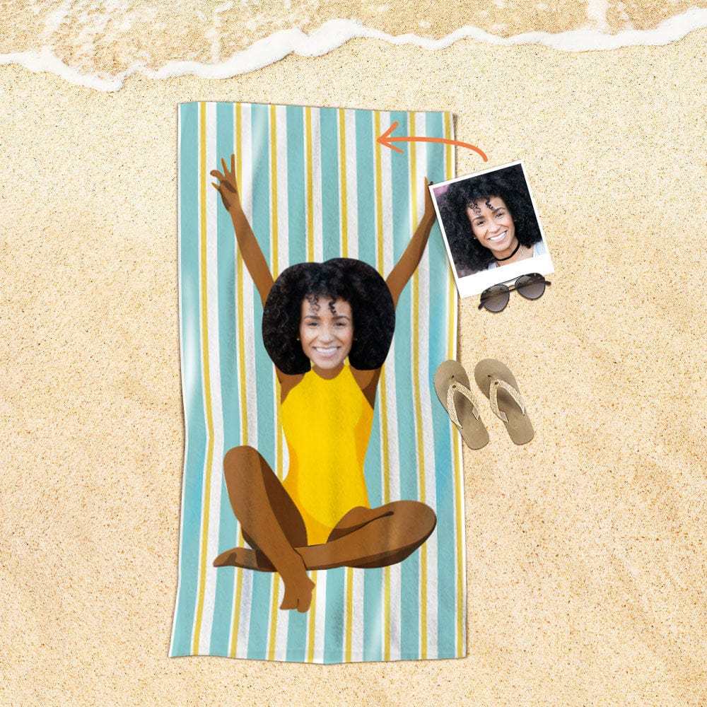 Custom Face Beach Towel Personalized Yellow Swimsuit Beach Towel Funny Gift for Summer - MyFaceBoxer