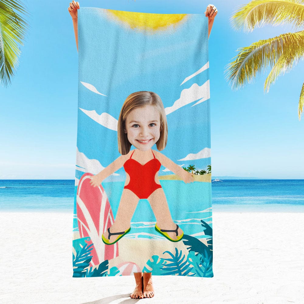 Custom Face Beach Towel Personalized Red Swimsuit Girl Style Beach Towel Funny Gift for Summer - MyFaceBoxer