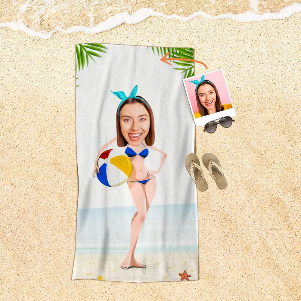 Custom Face Beach Towel Personalized Holding Ball Bikini Beauty Style Beach Towel Funny Gift for Summer - MyFaceBoxer