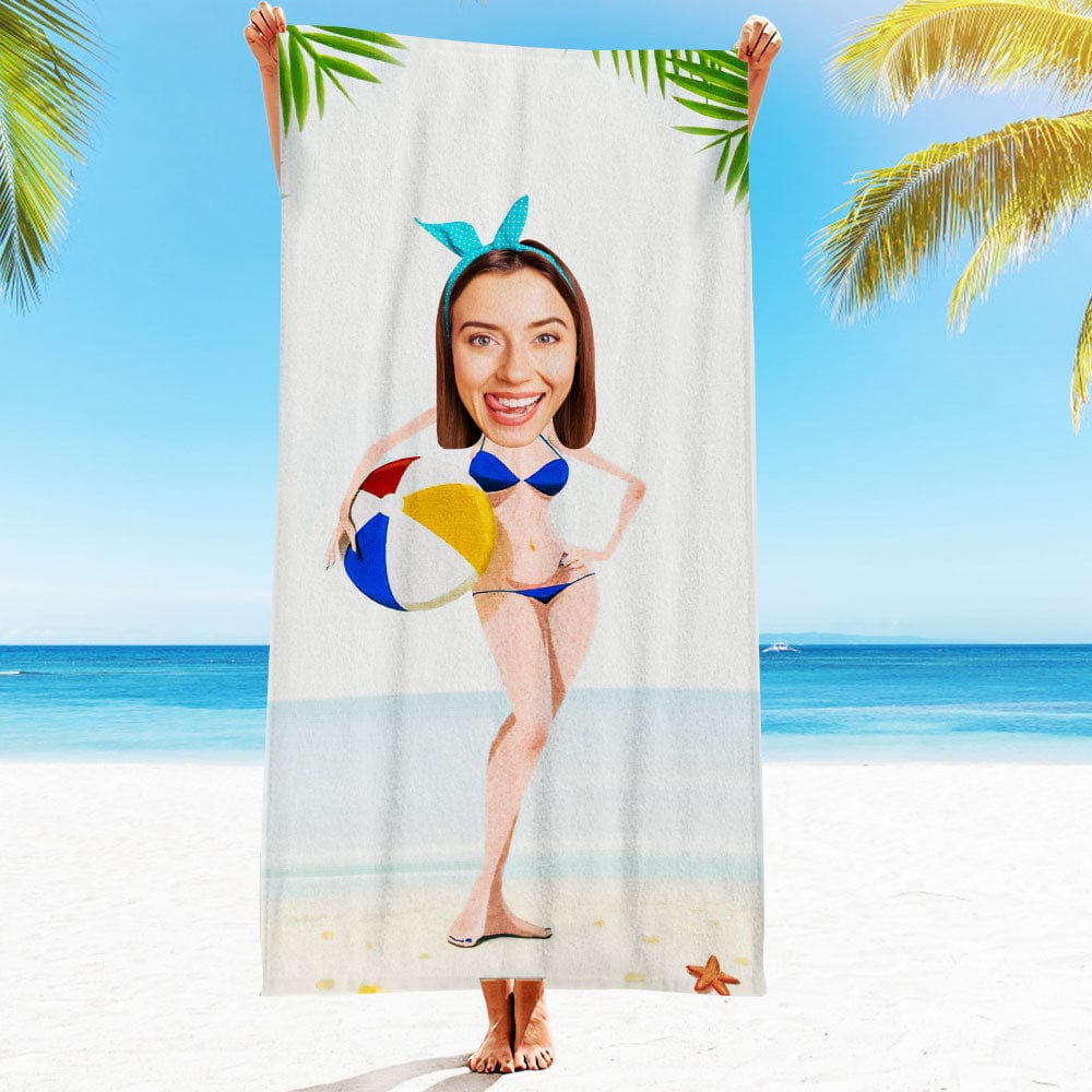 Custom Face Beach Towel Personalized Holding Ball Bikini Beauty Style Beach Towel Funny Gift for Summer - MyFaceBoxer