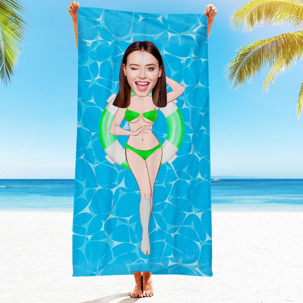 Custom Face Beach Towel Personalized Green Bikini Girl Beach Towel Funny Gift for Summer - MyFaceBoxer